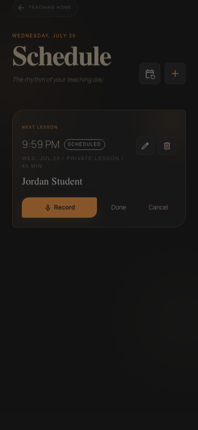 Dance instructor schedule with student lesson notes and recent practice focus