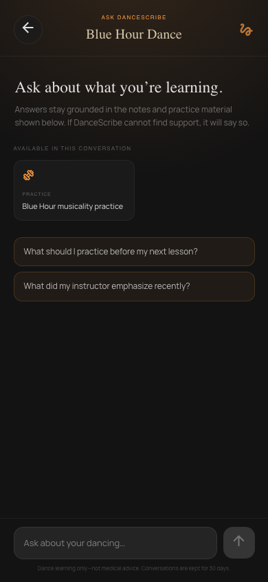 Dance practice app showing student questions grounded in lesson notes