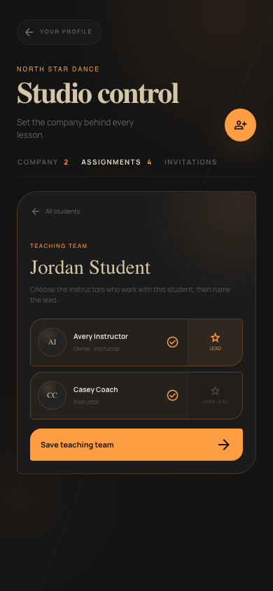 Dance studio teaching software with instructor and student assignments
